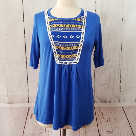Lace Back Low Cut Blue Tunic Top - Picture 3 of 8